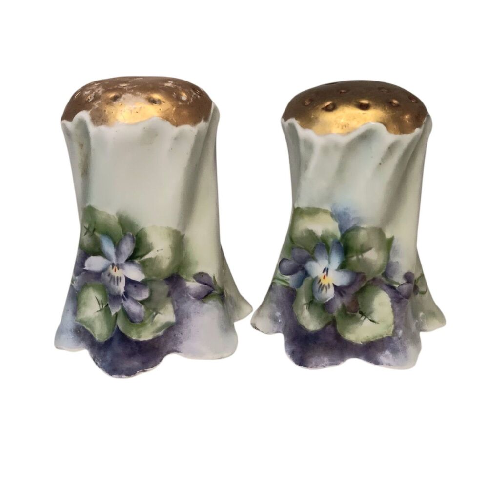 VTG Antique Hand Painted Violets Salt & Pepper Shakers Bavaria W/ New Stoppers
